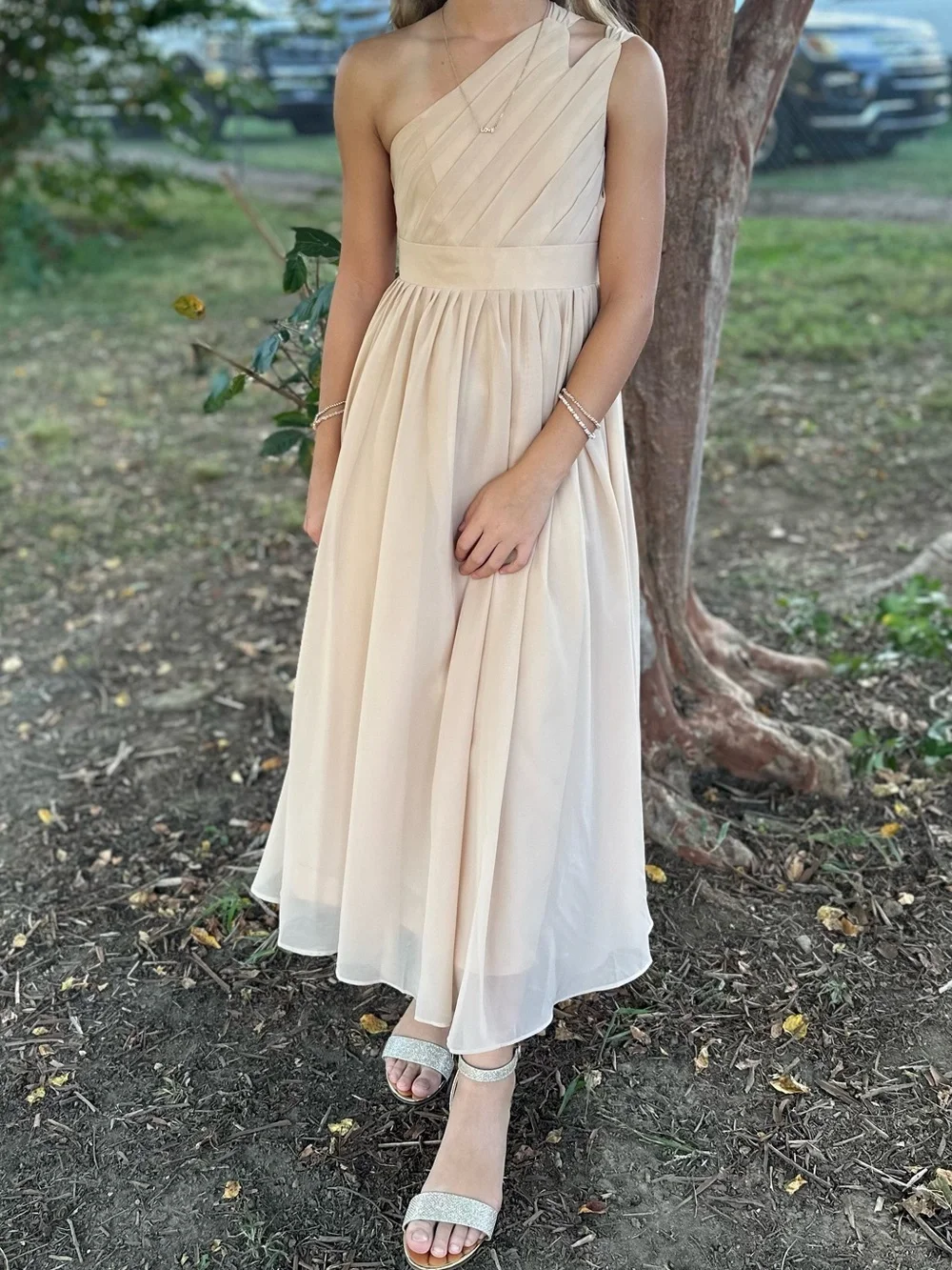 Amazon Girls One-Shoulder Blush Chiffon Formal Dress